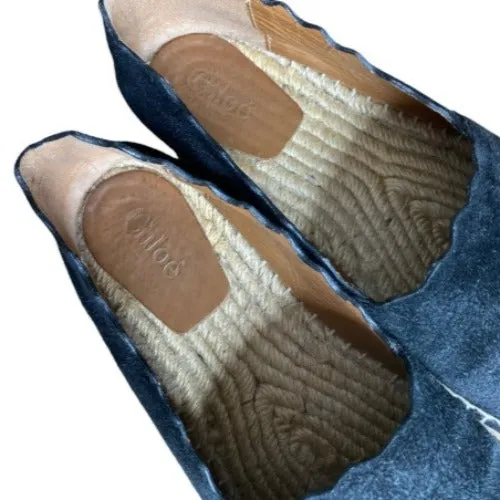 CHLOE Lauren Scalloped Espadrille Black Leather Suede Flat Women Shoes, Size 37
