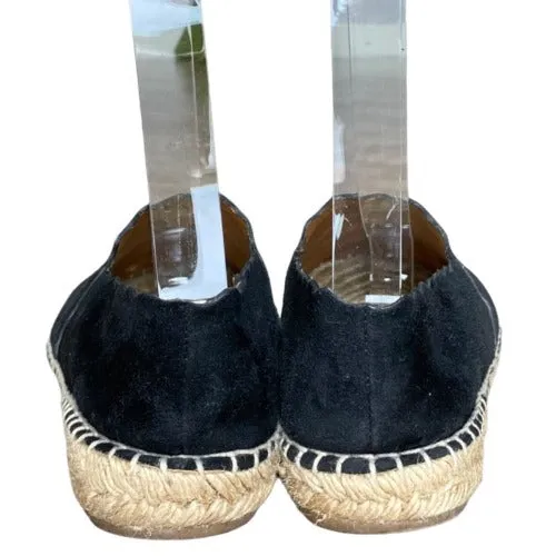 CHLOE Lauren Scalloped Espadrille Black Leather Suede Flat Women Shoes, Size 37
