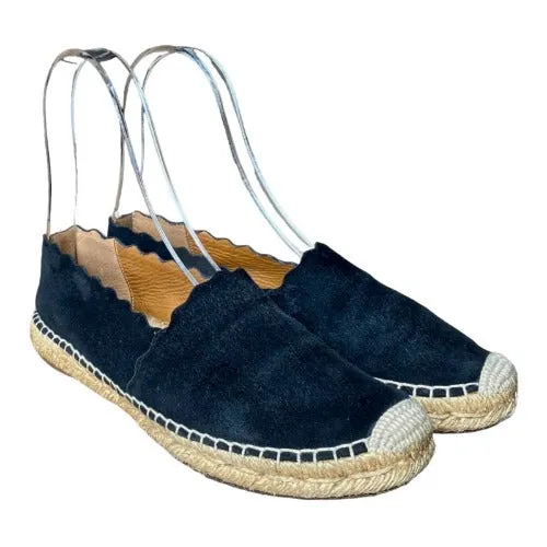CHLOE Lauren Scalloped Espadrille Black Leather Suede Flat Women Shoes, Size 37