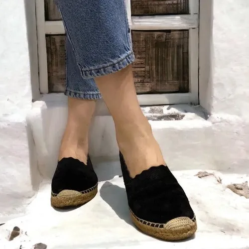 CHLOE Lauren Scalloped Espadrille Black Leather Suede Flat Women Shoes, Size 37
