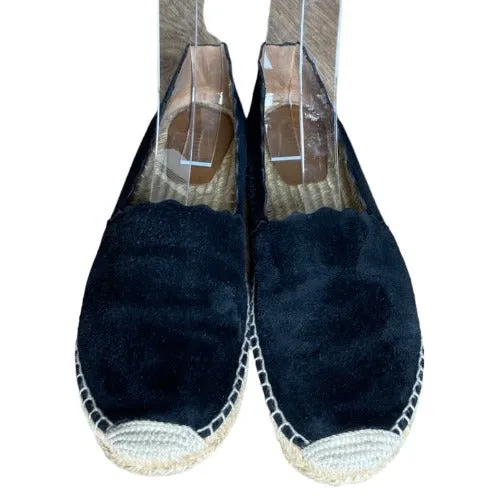 CHLOE Lauren Scalloped Espadrille Black Leather Suede Flat Women Shoes, Size 37
