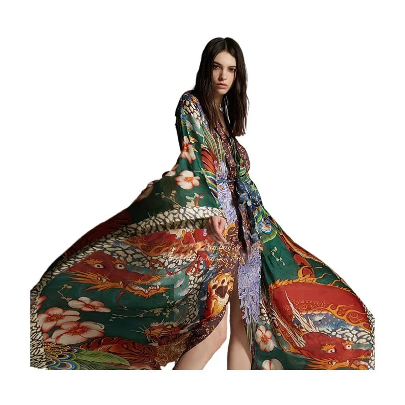 Colorful Dragon and Peacock  Kimono Cardigan Beach Cover Up Resort Wear