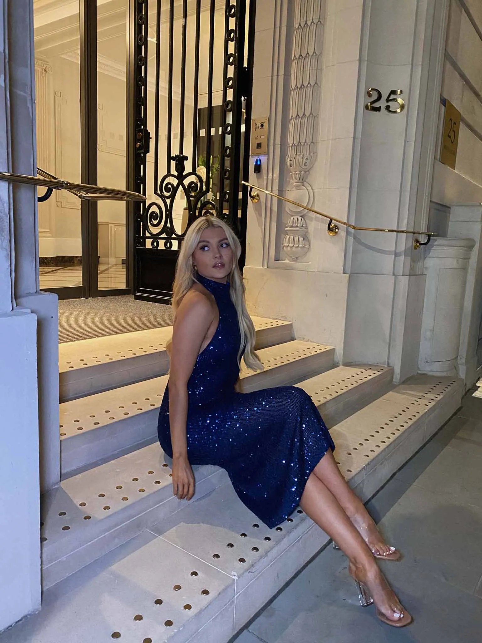 Glamorous Navy Peony Sequin Halter Neck Midi Dress