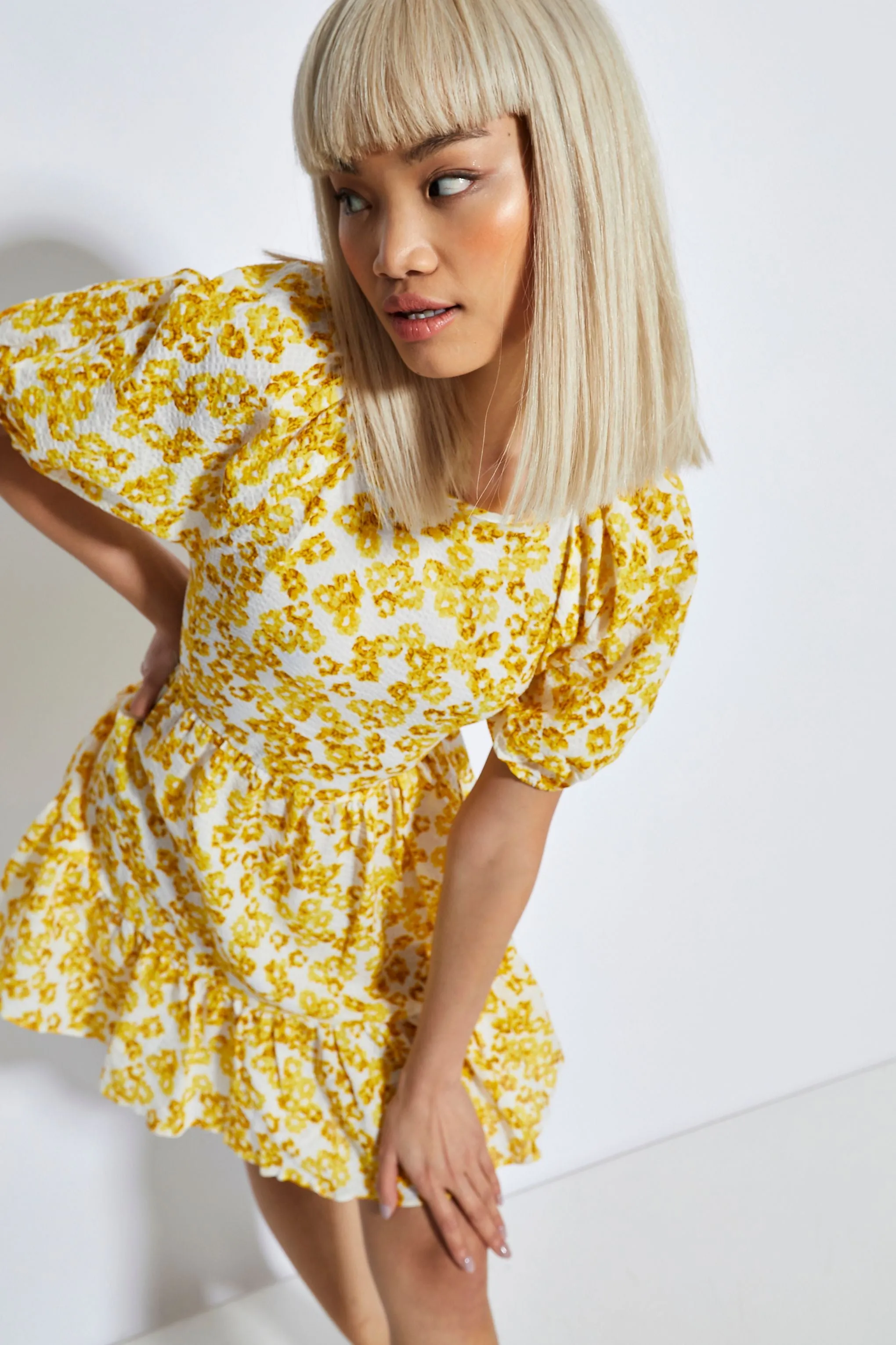 Glamorous Yellow Texture Ditsy Open Back Mini Dress
