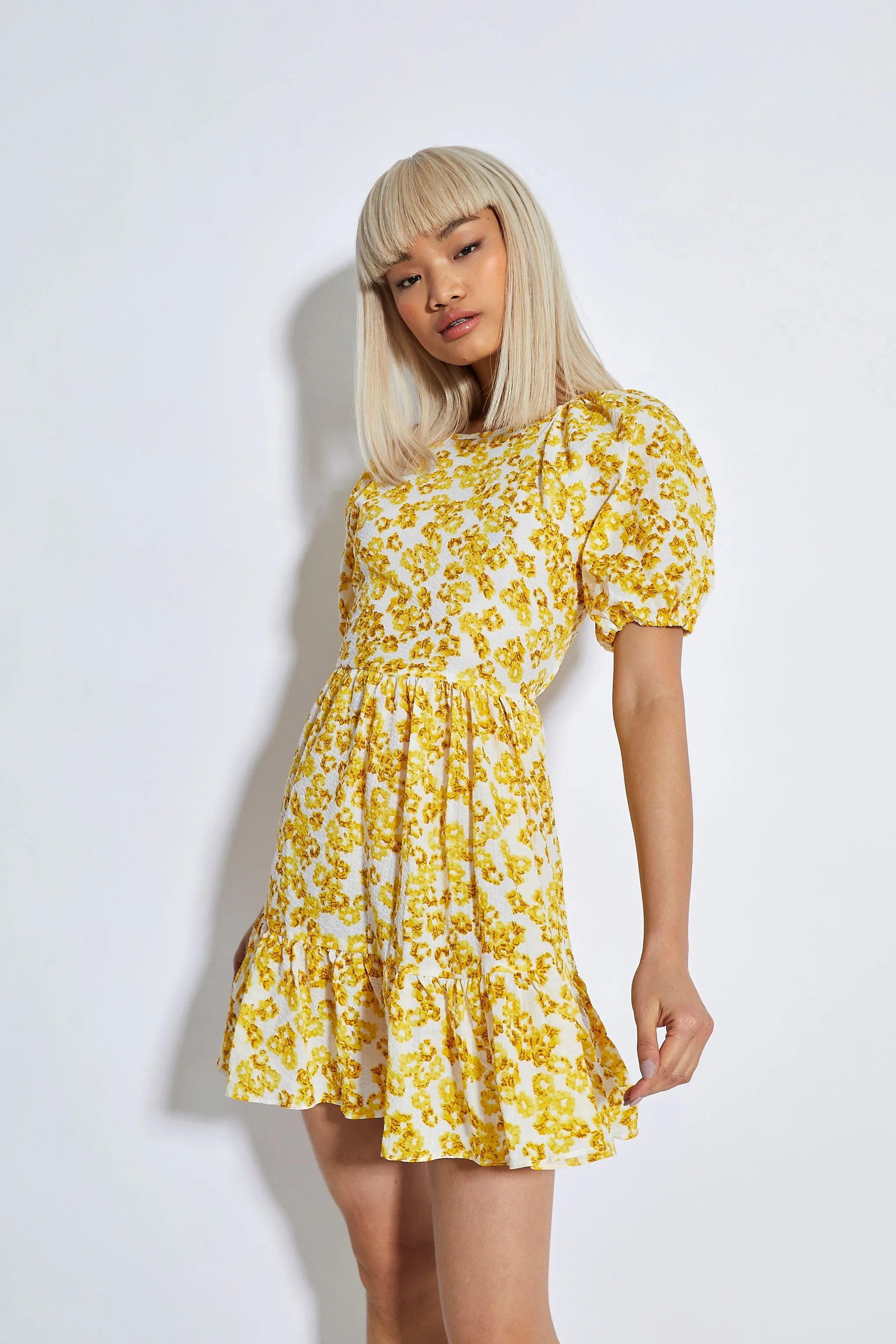 Glamorous Yellow Texture Ditsy Open Back Mini Dress