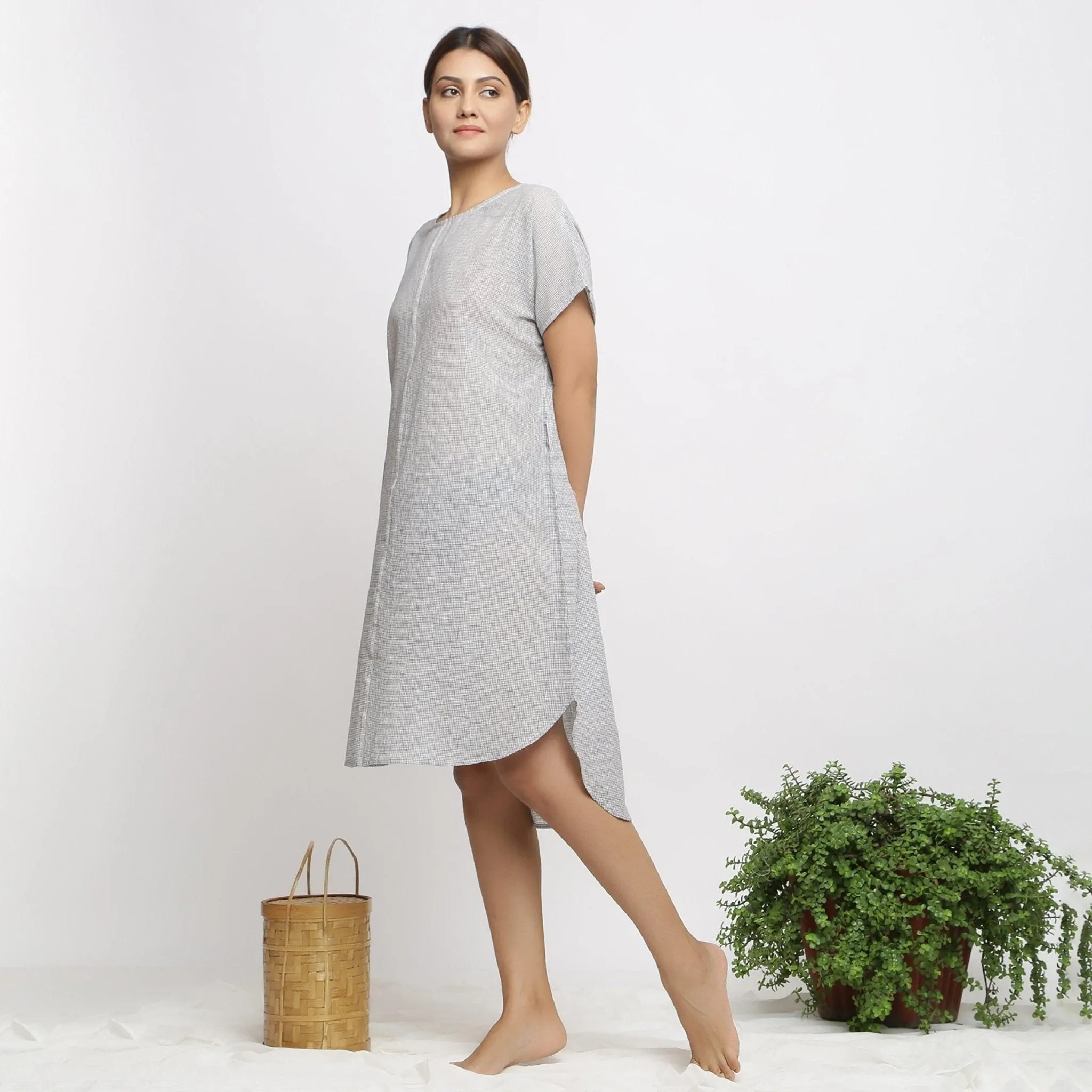 Off-White and Grey Checks Cotton Muslin High-Low Kaftan Dress