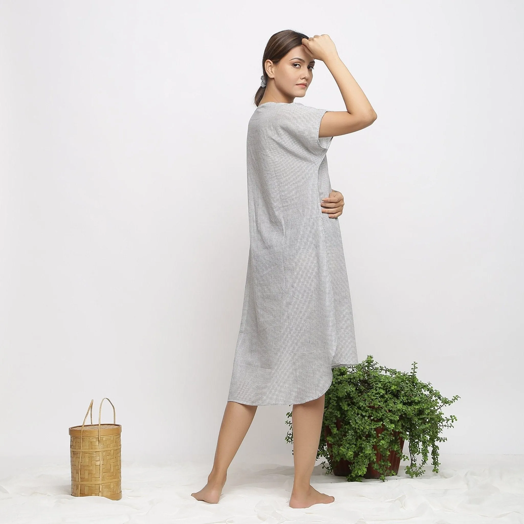 Off-White and Grey Checks Cotton Muslin High-Low Kaftan Dress