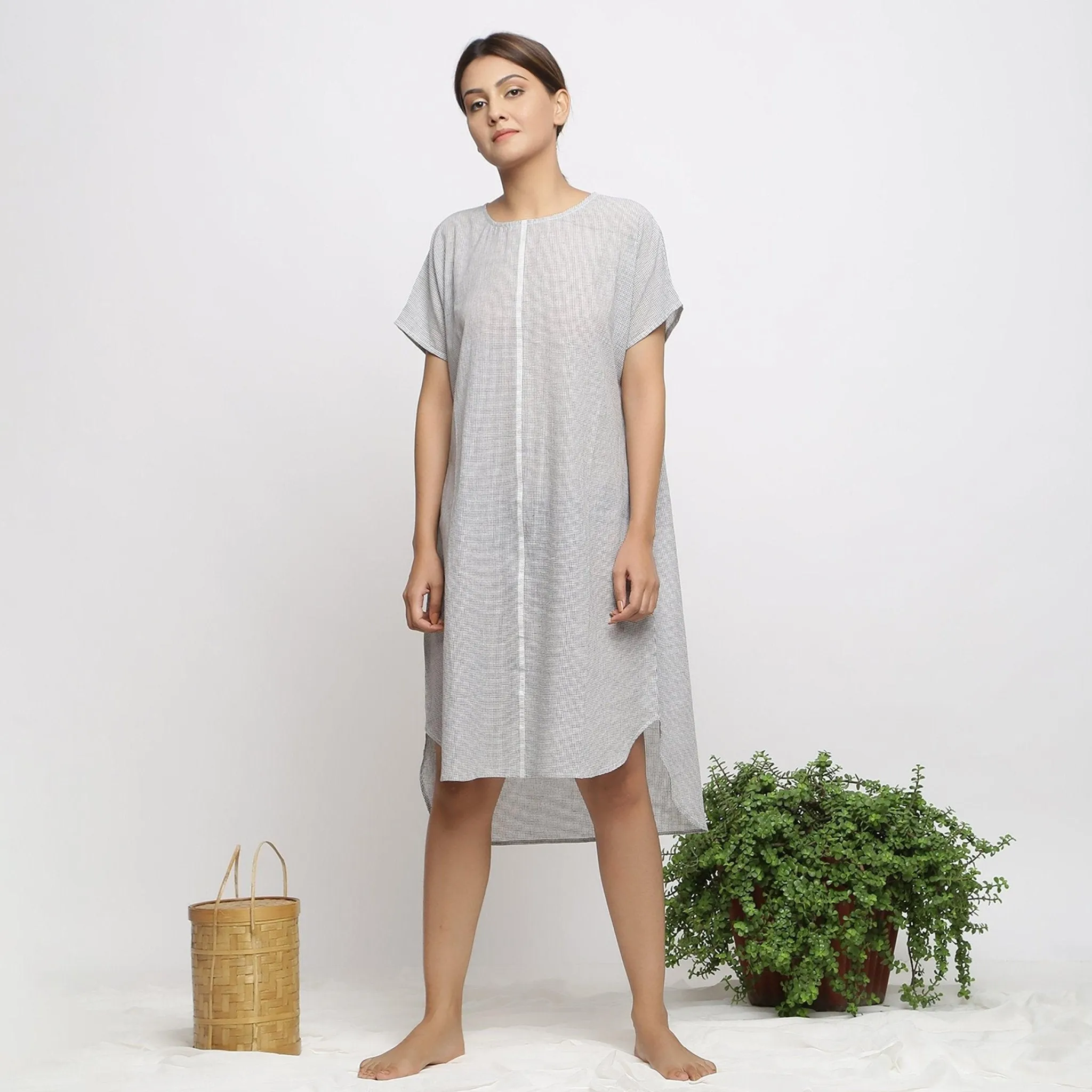 Off-White and Grey Checks Cotton Muslin High-Low Kaftan Dress