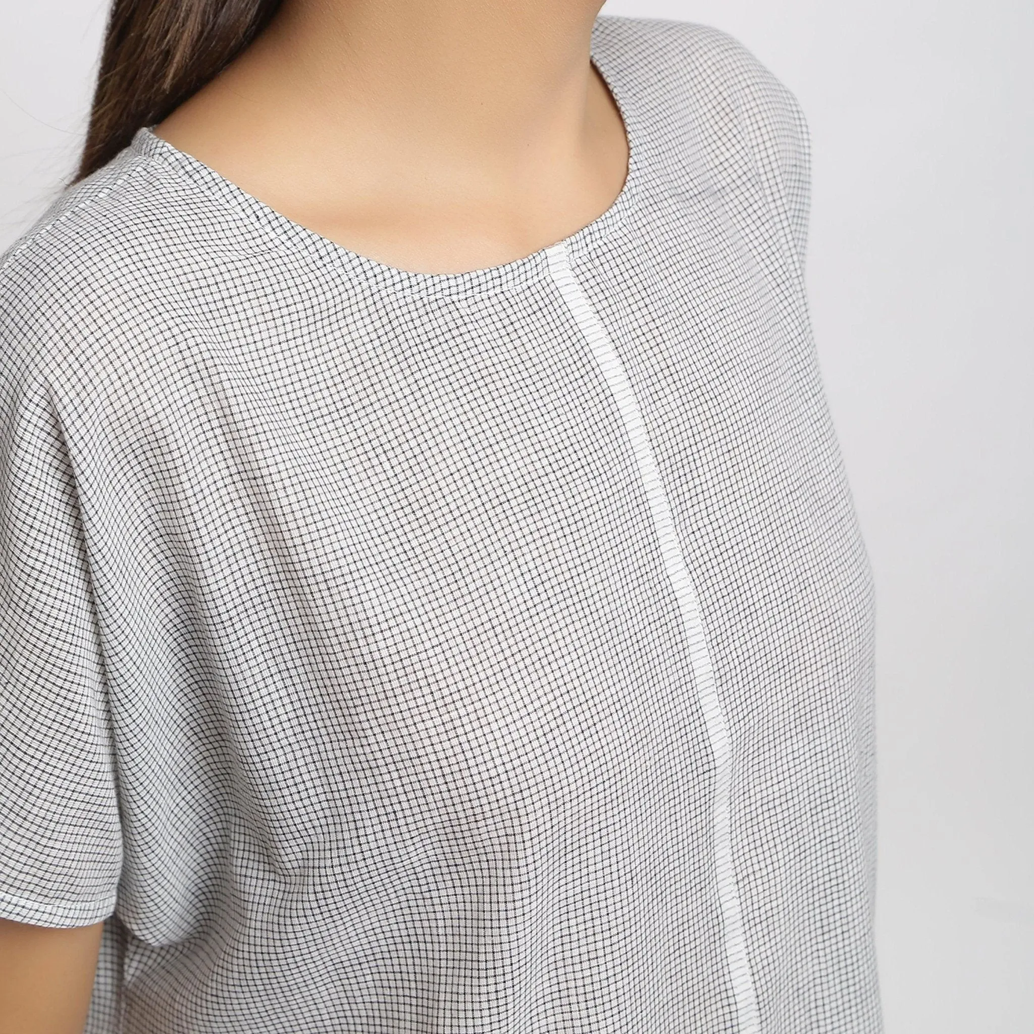 Off-White and Grey Checks Cotton Muslin High-Low Kaftan Dress