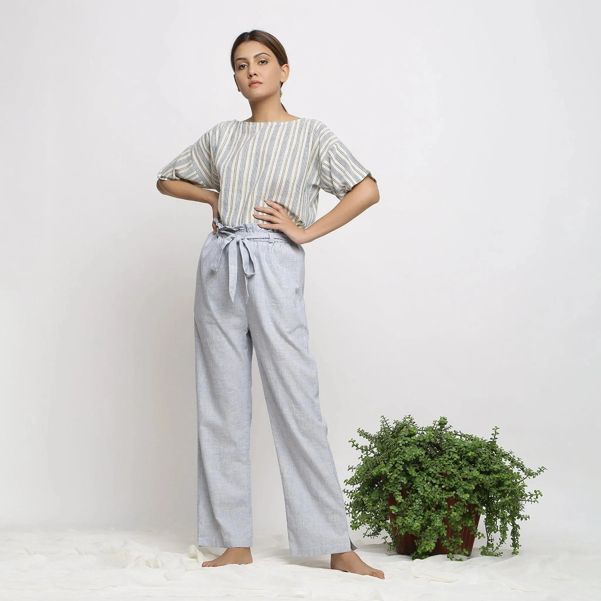Sky Blue Handspun Cotton Mid-Rise Elasticated Paperbag Pant