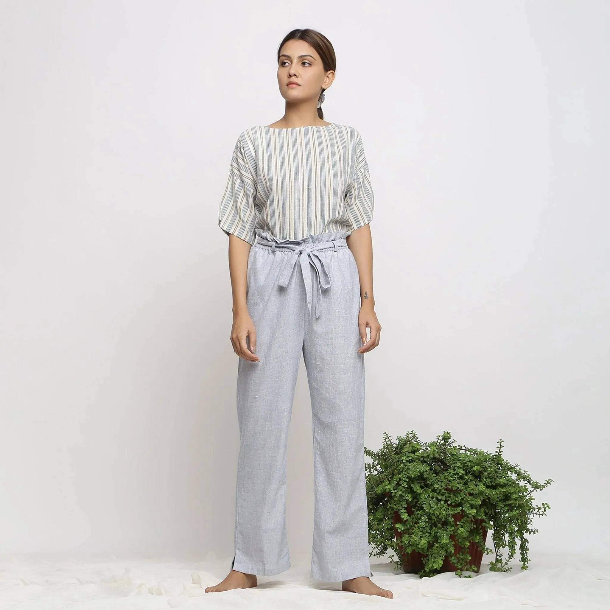 Sky Blue Handspun Cotton Mid-Rise Elasticated Paperbag Pant