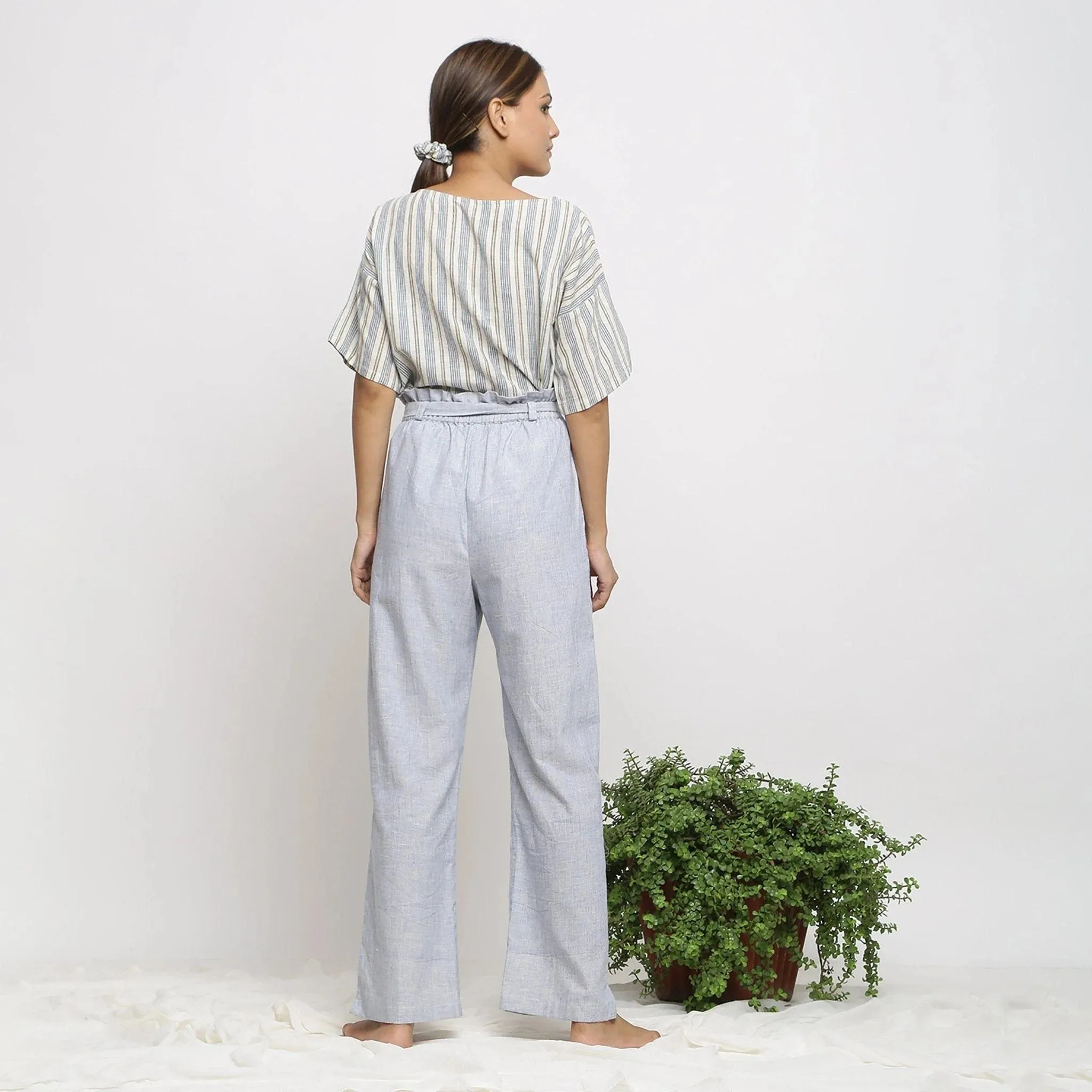 Sky Blue Handspun Cotton Mid-Rise Elasticated Paperbag Pant